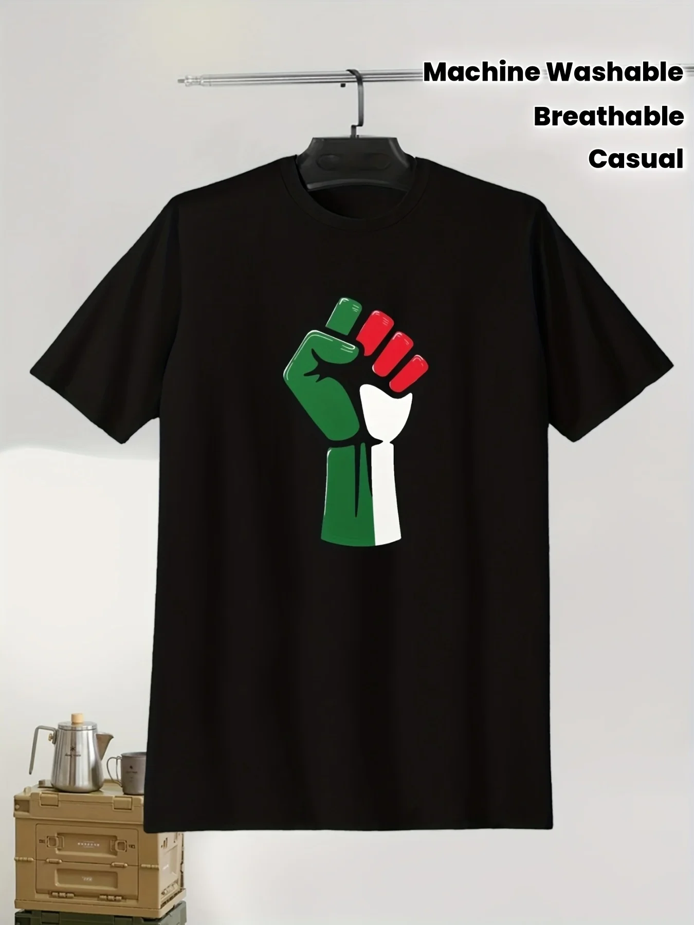 Men'S Graphic Tee with Raised Fist - A Green, White, And Red Design Symbolizing Middle Eastern Unity, Featuring a Relaxed Fit, Round Neck, And  for Year-Round Comfort, Celebrating Cultural Pride