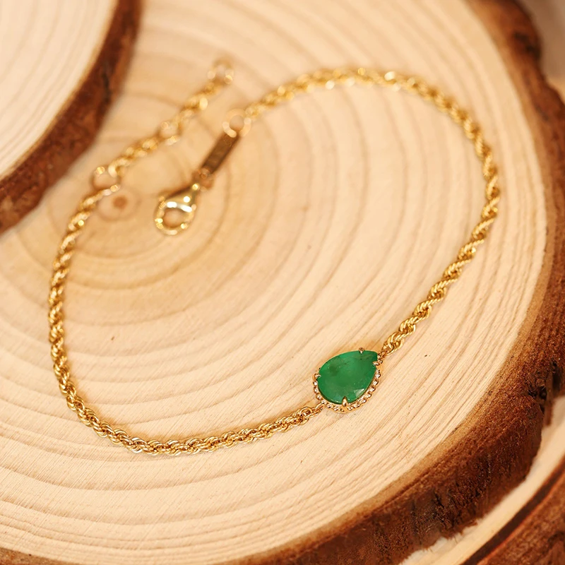 LUOWEND 100% 18K Yellow Gold Bracelet Fashion Style Water Drop Shape Real Natural Emerald Bracelet for Women High Party Jewelry