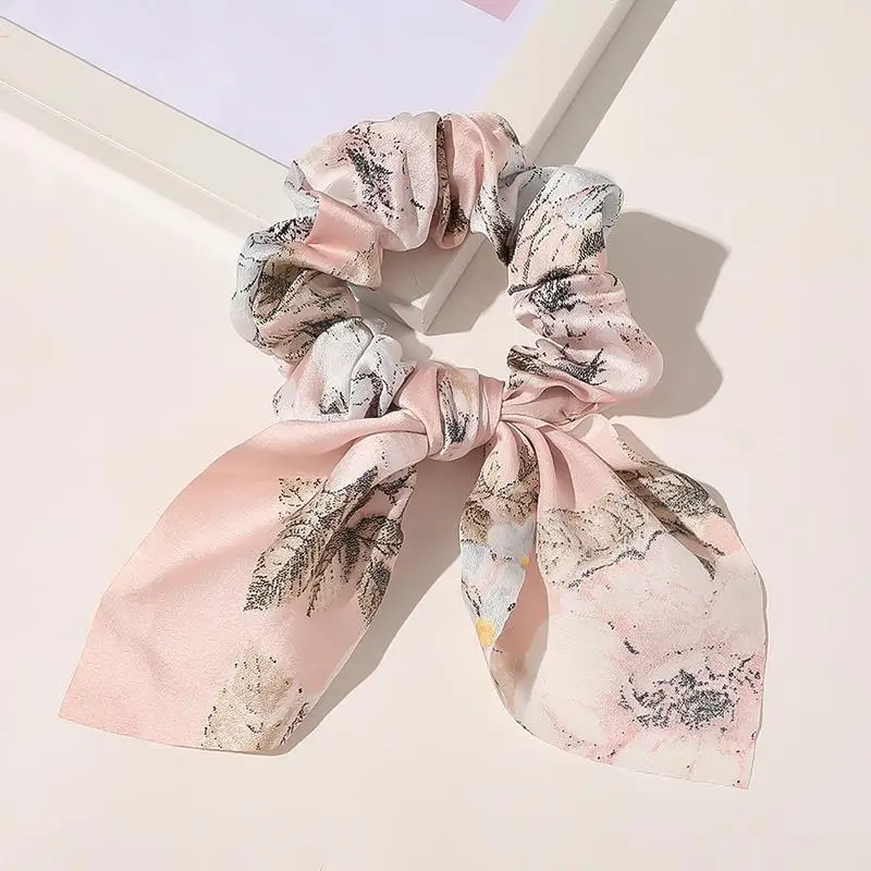 

Floral Print Bow Ribbon Scrunchies Hair Accessories Ponytail Holder Hair Ties Satin Bowknot Hair Rope Rabbit Ear 1Pcs DIY Soft