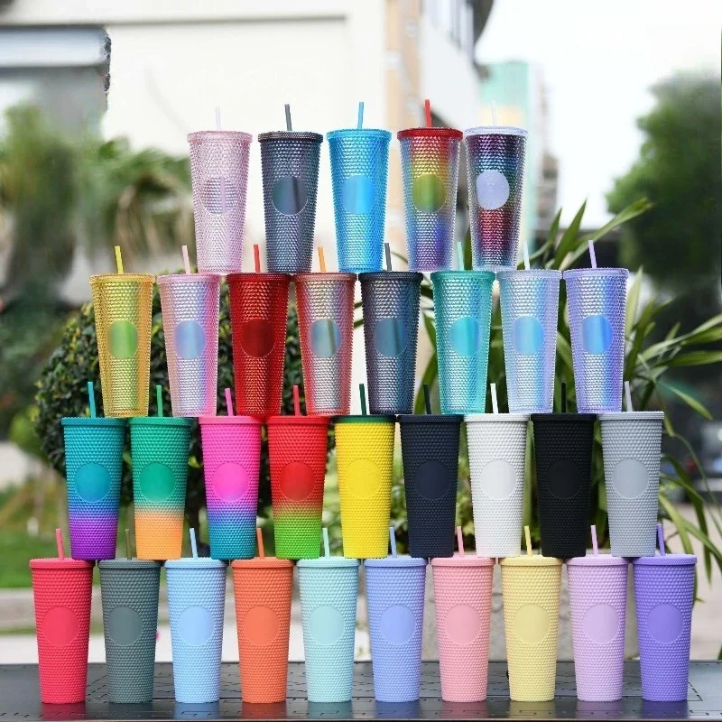 Double-layer plastic straw cup large-capacity creative 710ml durian prickly hand portable diamond cup
