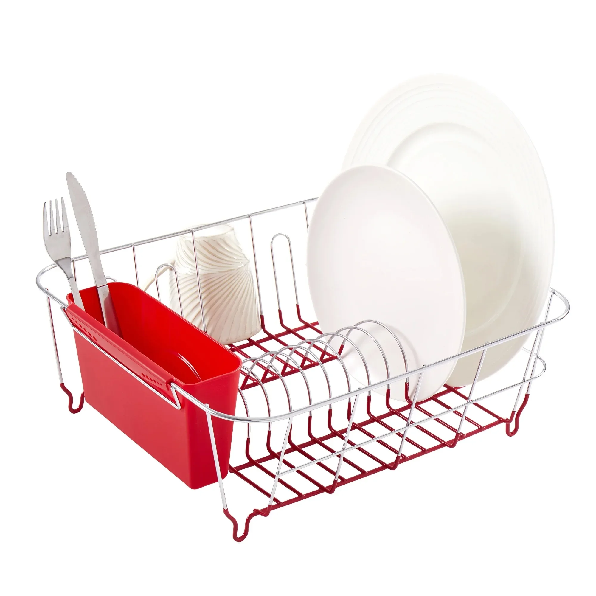 

Red 2-Piece Dish Drainer Set, Chrome Plated Steel Sink Drying Rack & Utensil Holder for Kitchen Counter Organization