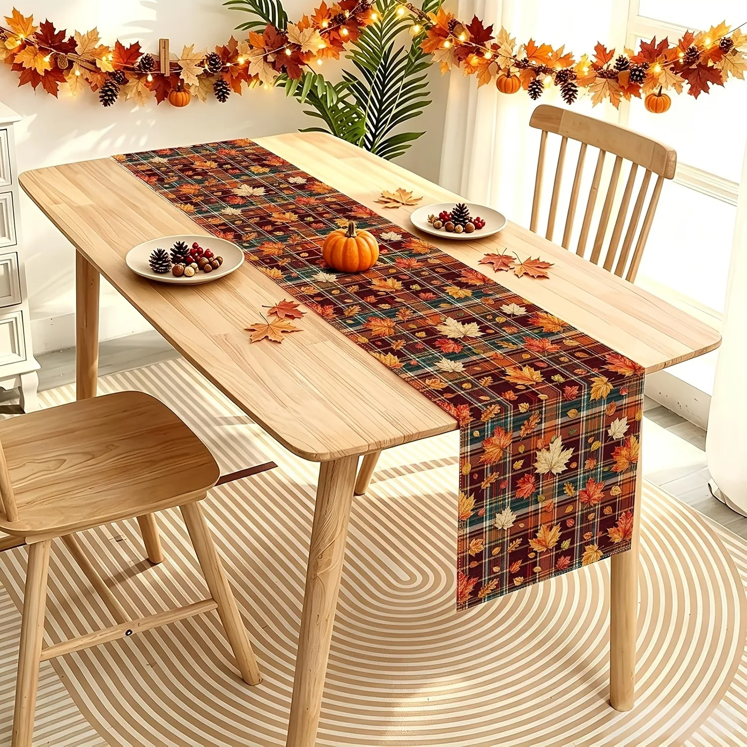 Fall Plaid Maple Leaf Table Runner Autumn Harvest Checkered Maple Leaves Decorative Table Runner For Thanksgiving Dining Kitchen