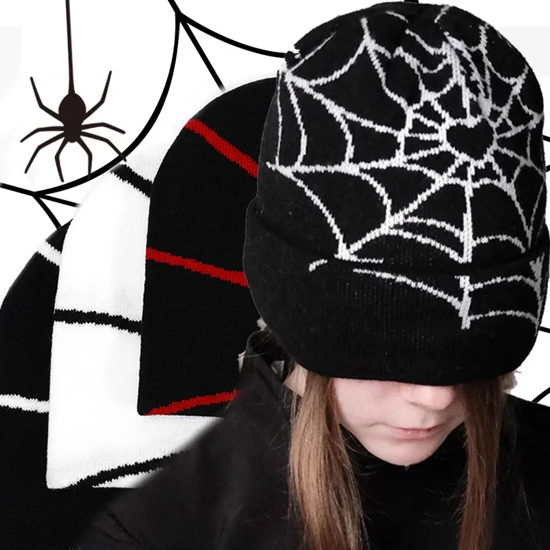 Fashion Knitting Spider Web Design Hat for Men Women Pullover Pile Cap Y2k Goth Warm Beanie Hats New Hip-hop Street Cap