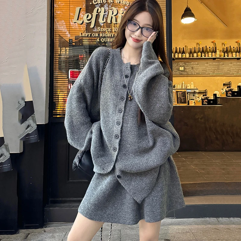 Knitted Two Piece Sets Women Fashion Autumn Winter Cardigan Loose Stretch Solid Sweater Mini Skirts Ladies Suits Casual Outfit