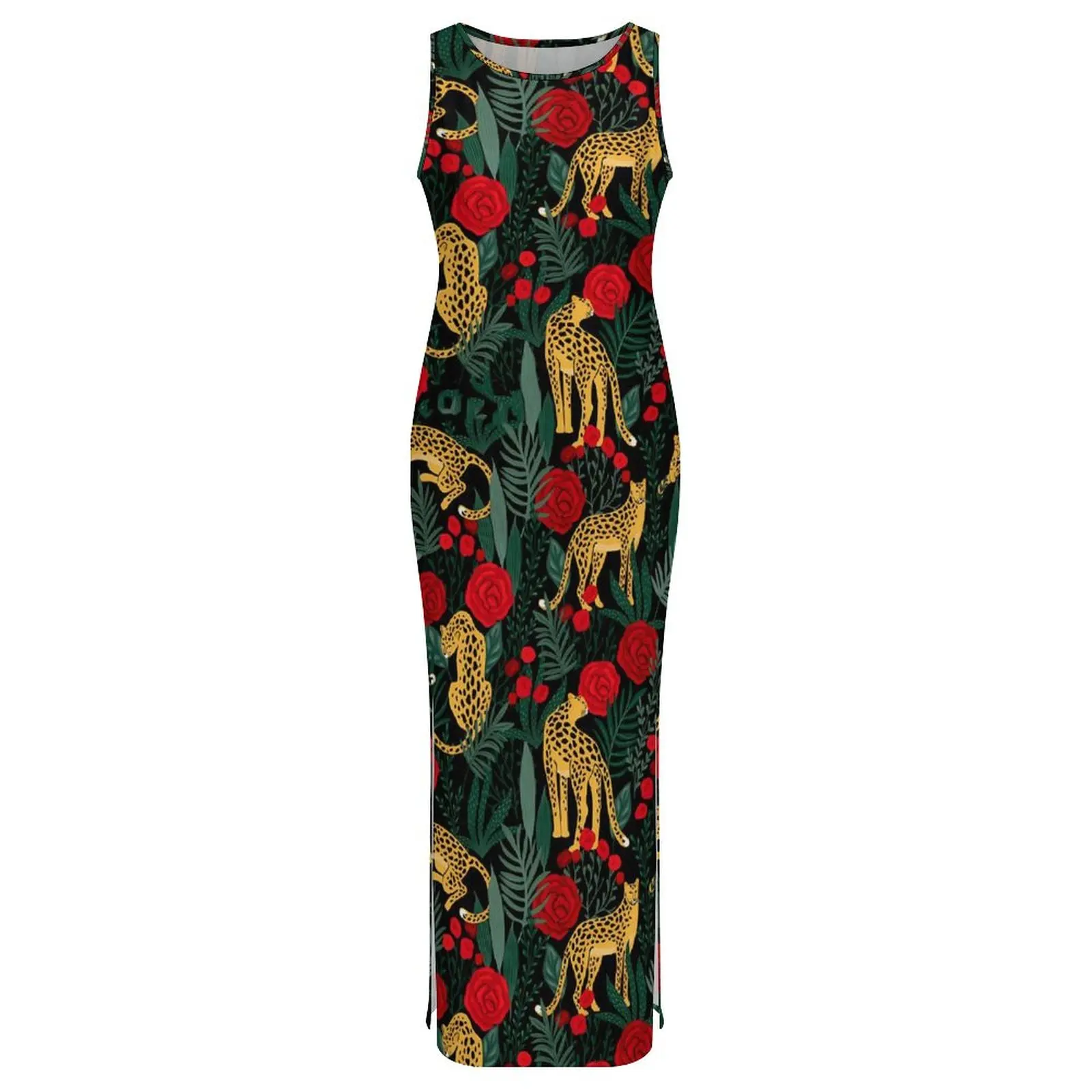 Floral Leopard Dress Sleeveless Red Roses Print Korean Fashion Maxi Dresses Pretty Bodycon Dress Woman Pattern Oversized Clothes