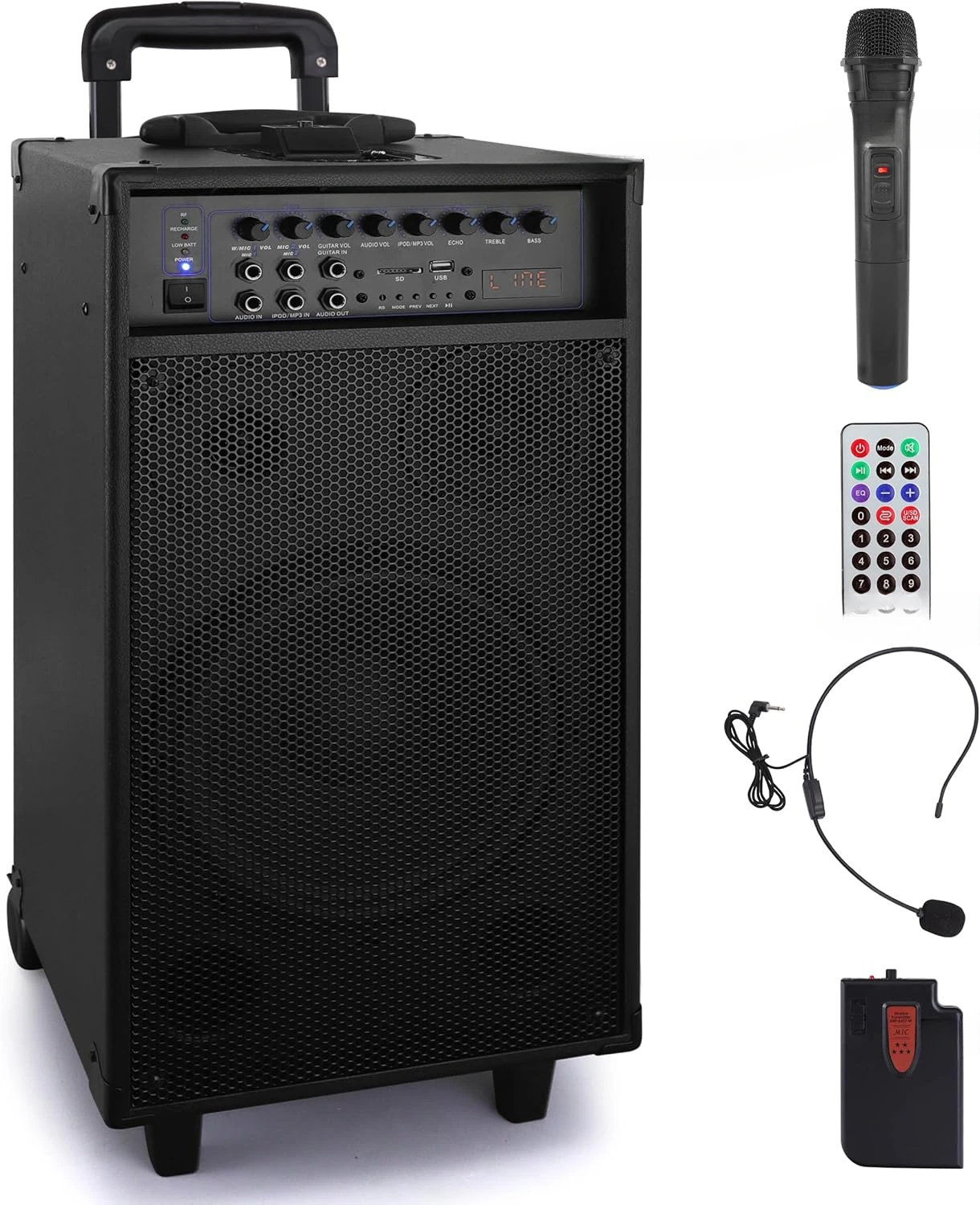 Subwoofer Sound System with Charge Dock, Rechargeable Battery, Radio, USB / SD Reader, Microphone, Remote, Wheels - PWMA1090UI