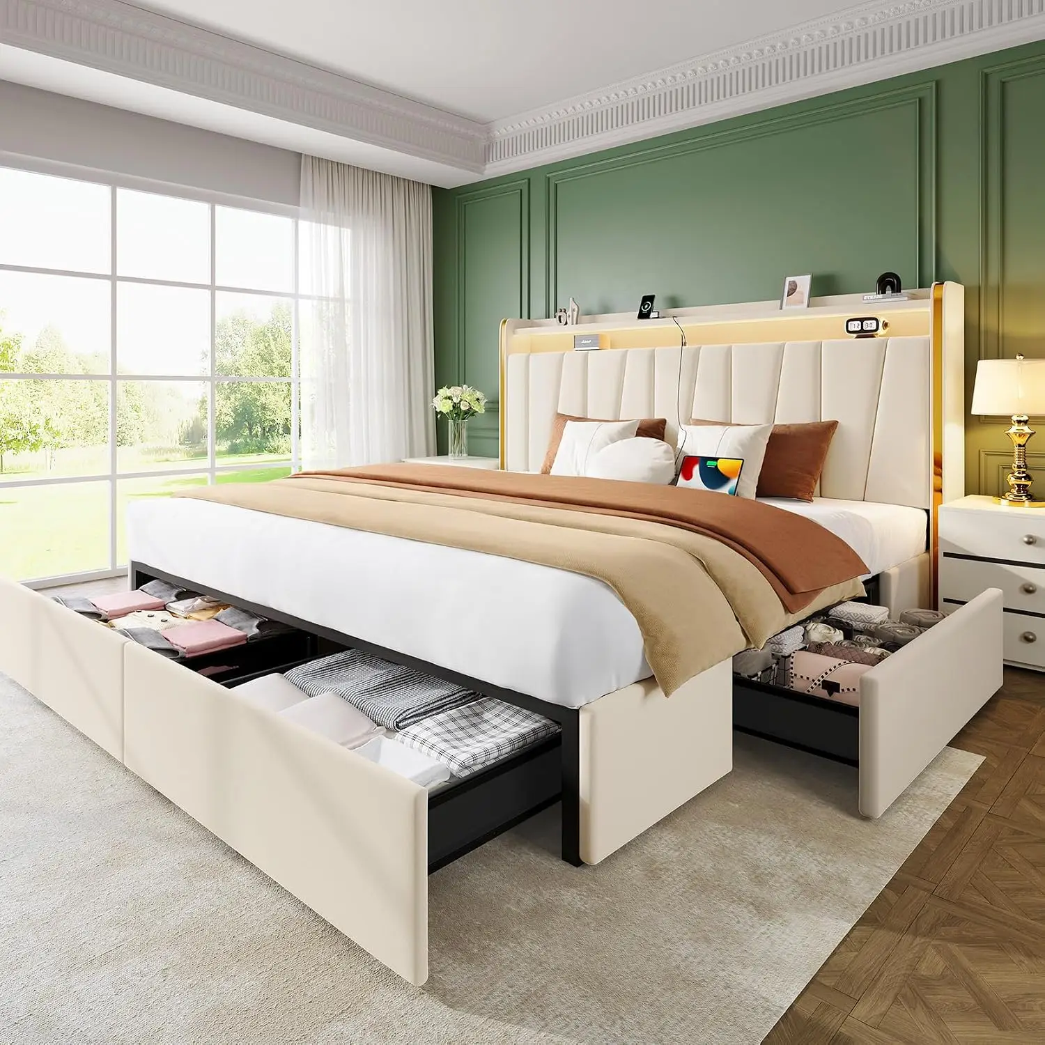 King Bed Frame Upholstered Headboard Storage Drawer Dustproof, Customized