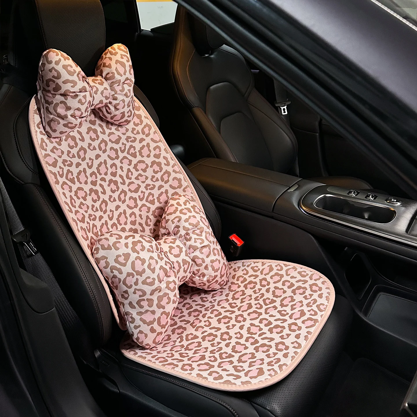Exquisite and Personalized Leopard Print Single-Seat Car Front Seat Cushion, Breathable and Non-Slip, Suitable for All Seasons; Leopard Print Bowknot Car Headrest and Lumbar Support Two-Piece Set, Adjustable Car Decorative Pillow, Women's Car Interior Decoration Accessories