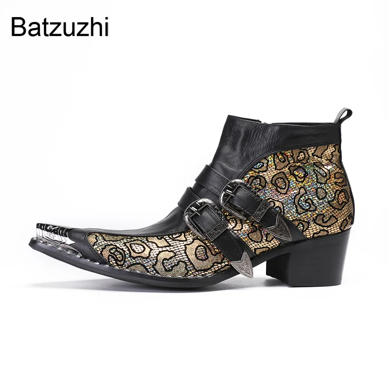 

Batzuzhi 6.5cm High Heels Men's Leather Boots for Man Pointed Iron Toe Black Gold Zip Motorcycle, Party Footwear!