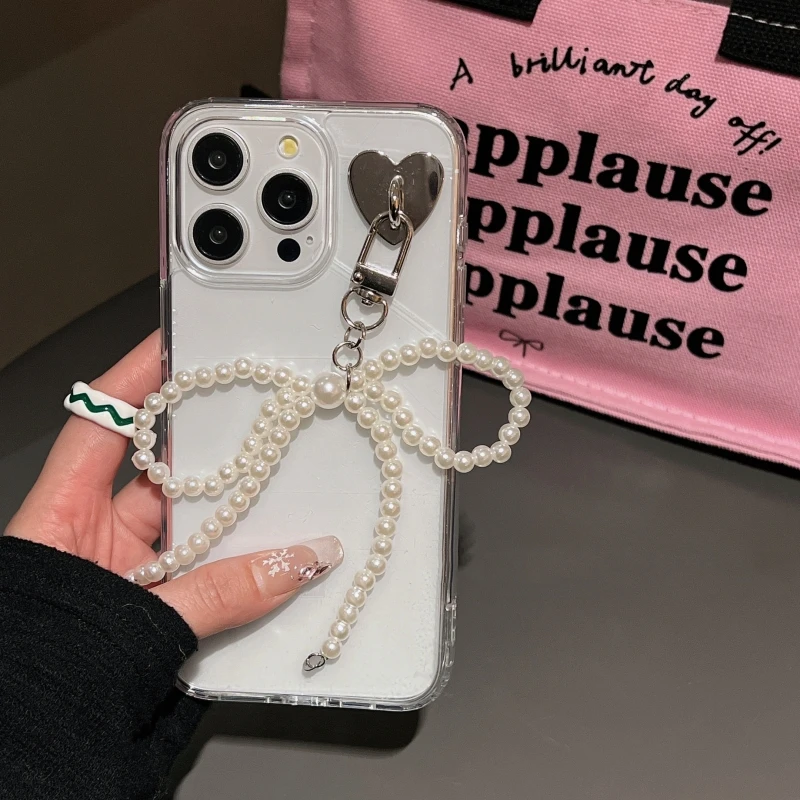 Transparent Acrylic Pearl Bow Pendant Phone Case For iPhone 11 15 12 14 13 Pro Max 15 14 Pro Shockproof Protective Hard Cover