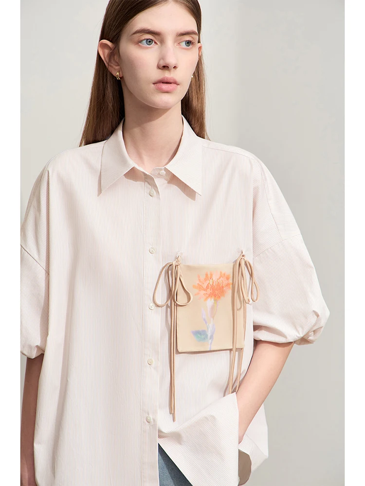 Amii Minimalism 2024 Shirts & Blouse Summer Casual Lapel With Removable Pocket Printed Striped Shirt Loose Women Tops 12442018