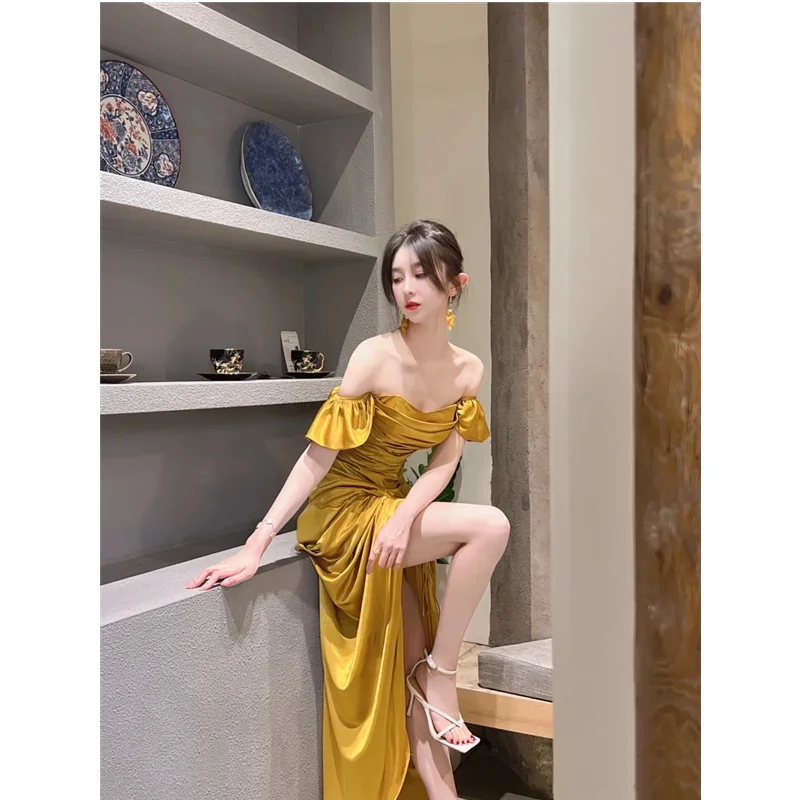 Summer Golden Dress Wome Straps Dress Sleeveless Sexy Korean Fashion Swinging Collar Suspender Satin Slit Mid-length Skirt Dress