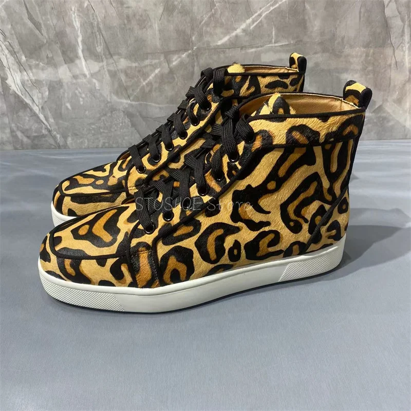 Leopard Print High Top Casual Shoes for Men and Women Lace Up Sports Shoe Sneakers Luxury Brand Handmade High Quality Size 48