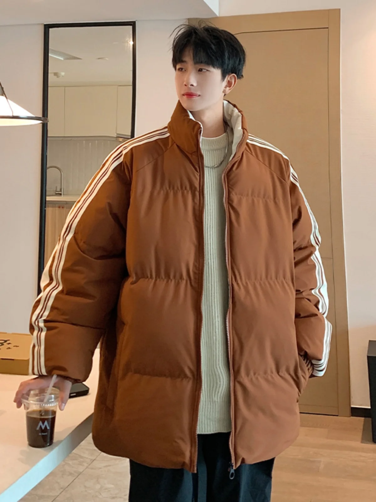 

Men's Winter Thiened Cotton Jaet Stand Collar Loose Fit Striped Bread Coat Faionable Urban Sle Daily Wear Polyester F...