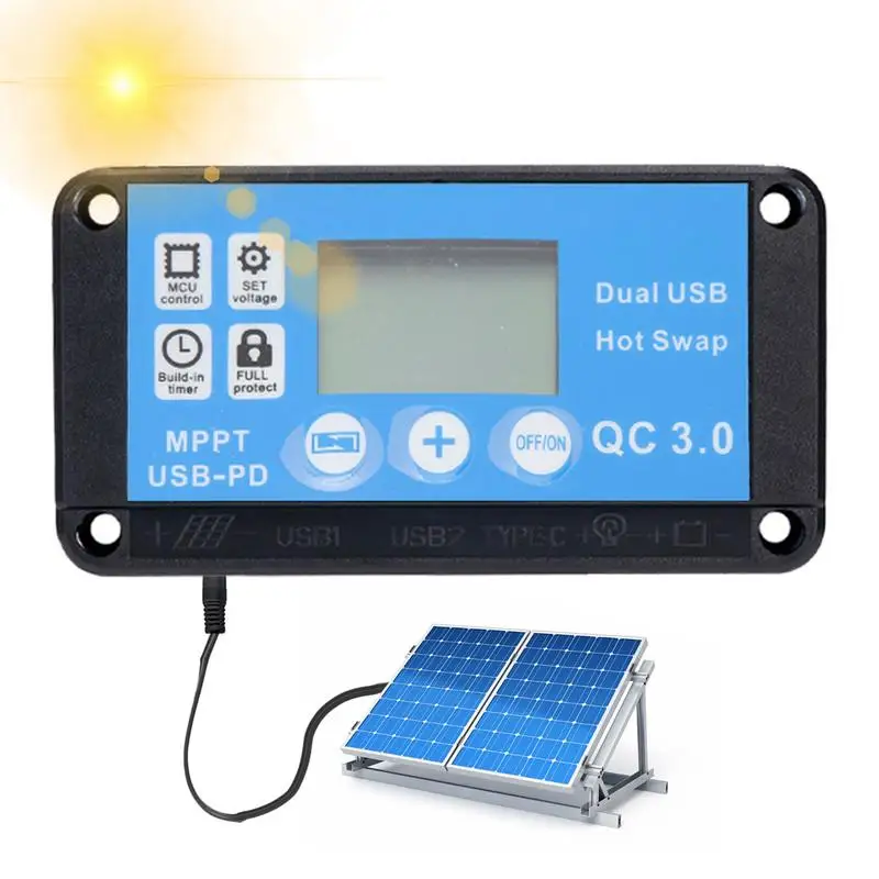 Solar Charger Controller DC 12V/24V Waterproof MPPT Controller LCD Display Dual USB Port Multi-Function Solar Regulator