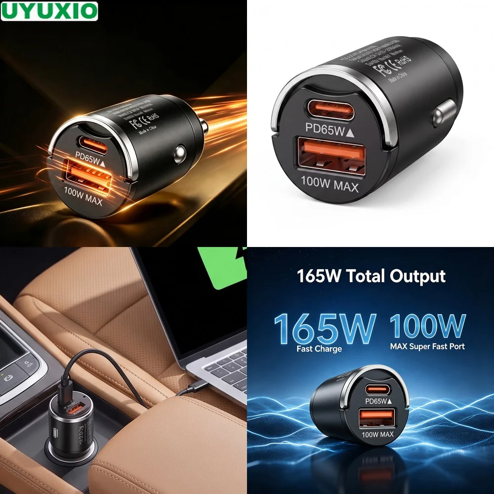 165W Flush Fit Car Charger with 65W USB C and 100W USB A Outputs Zinc Alloy Flush Fit Design for Multiple Mobile Devices