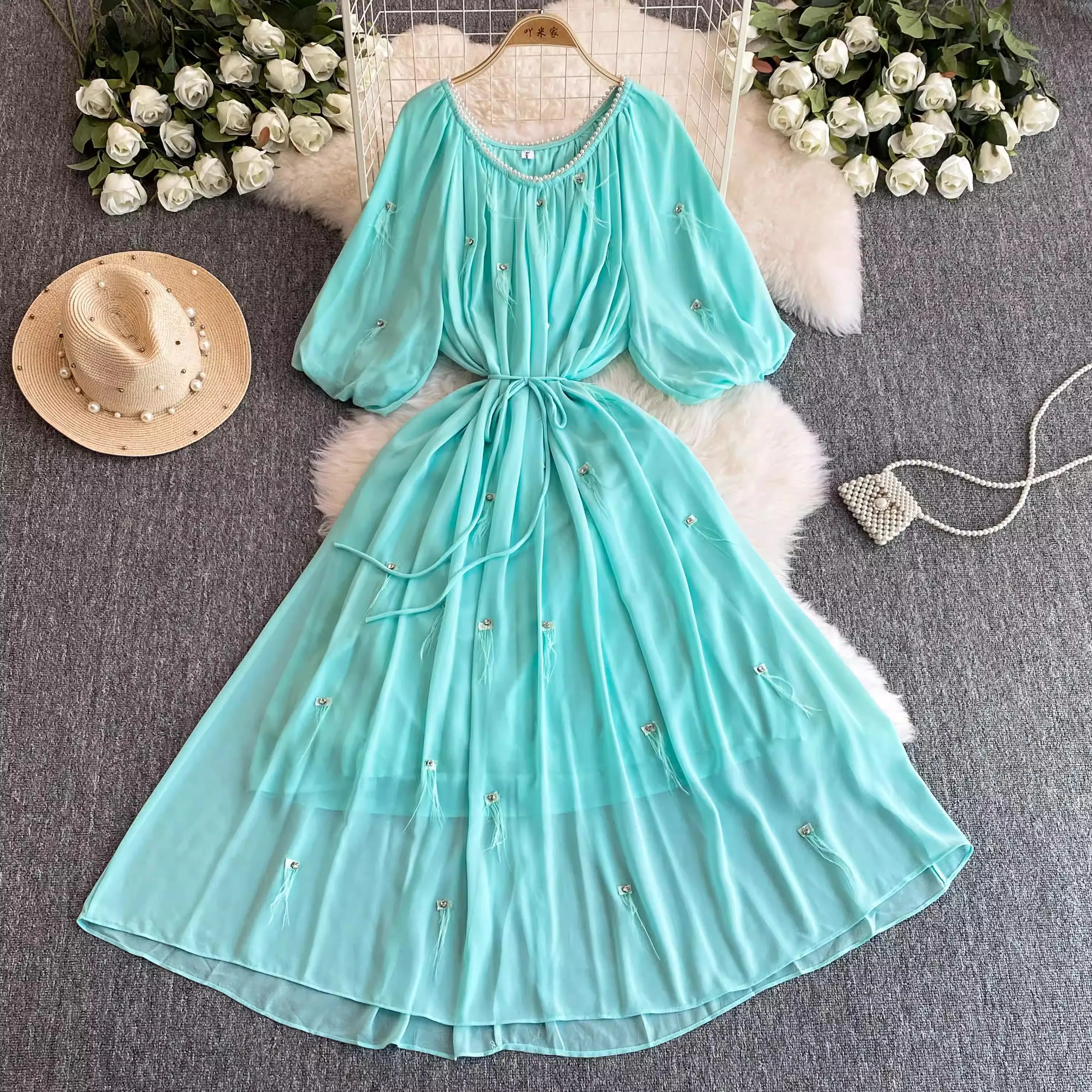 

Oversize Summer Ostrich Hair Diamonds Chiffon Loose Long Dress New Elegant Women Beaded O Neck Half Sleeve Lace Up Robe