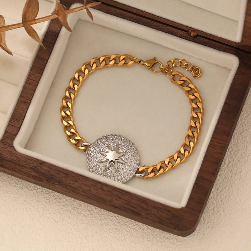EILIECK 316L Edelstahl Runder Stern Strass Halskette Armbänder Ohrringe Set für Damen Trendiger Wasserdichter Beliebter Schmuck – Detail 14