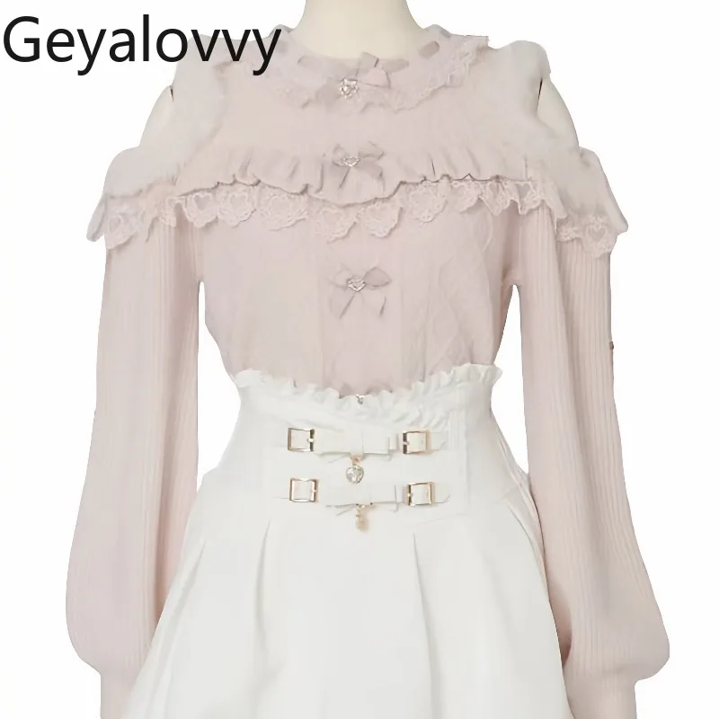 الحلو فتاة تنوعا طويلة الأكمام البلوز الخريف الشتاء جديد اليابانية ليز نمط خارج الكتف Bowknot أفخم محبوك القمم #4