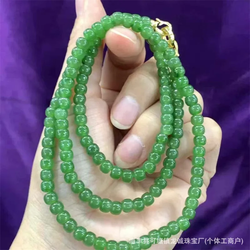 Factory Hetian Jade Old-Styled Bead Necklace Material Fine Color Beautiful Green