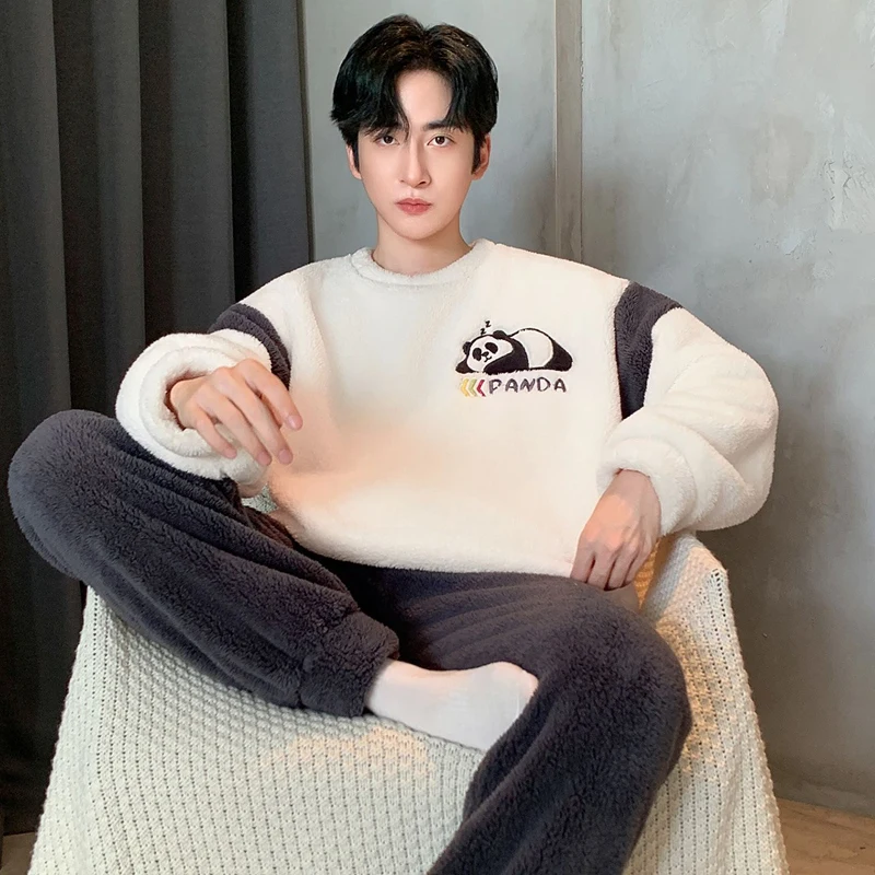 2026 Winter Long Sleeve Thick Warm Flannel Pajama Sets for Men Korean Cute Cartoon Sleepwear Pyjama Homewear Lounge Home Clothes