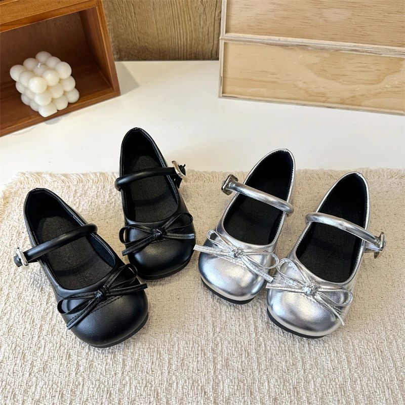 

Girls Simple Bow Mary Jane Flats, Smooth Shiny Leather, Adjustable Single Buckle Strap Round Toe Soft Daily Princess Shoes
