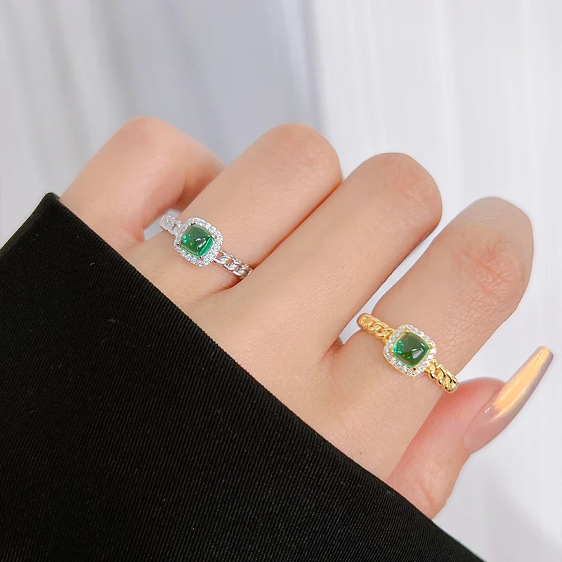 Light luxury green sugar tower 925 silver simple ring inlaid with high carbon diamond temperament versatile for women