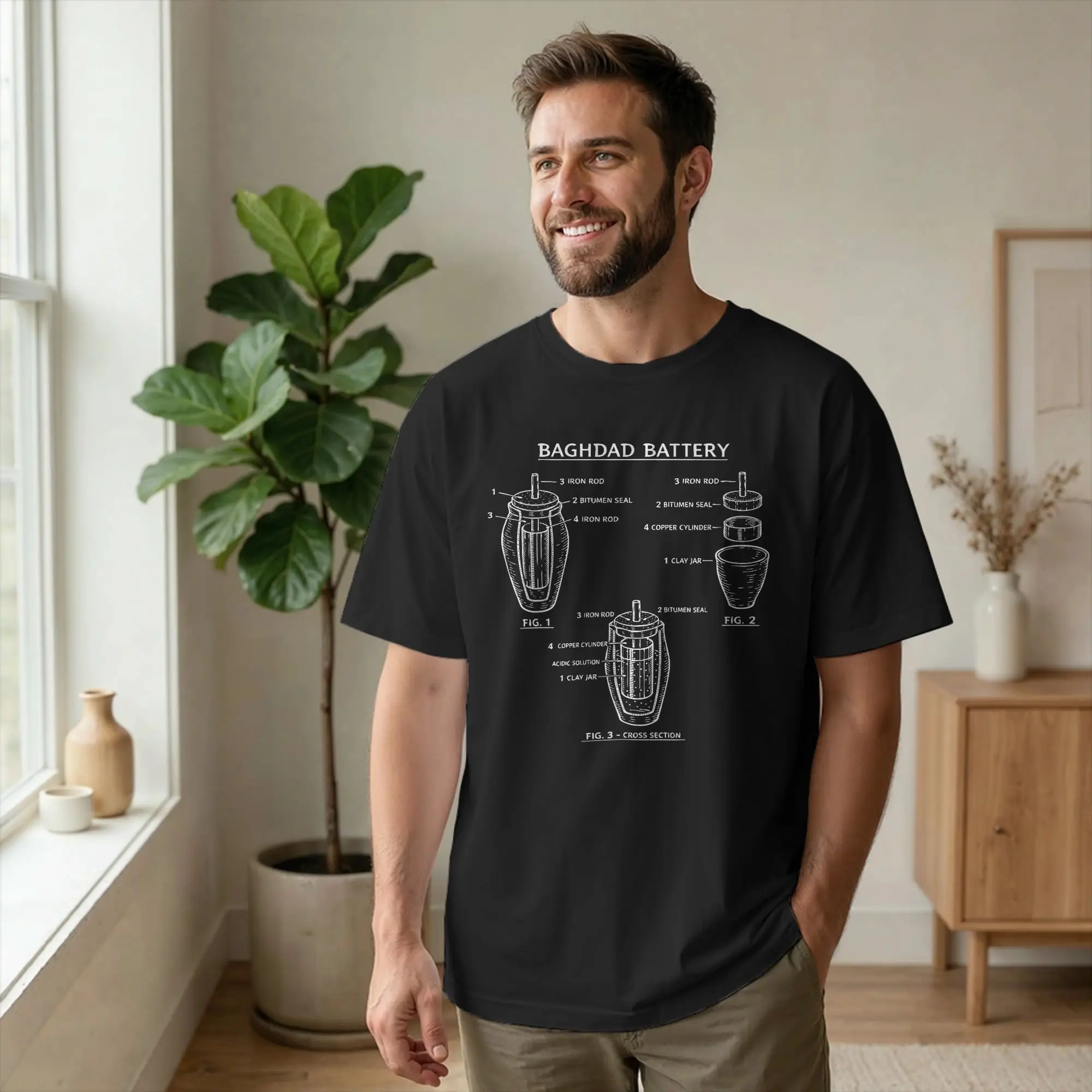Vintage Technical Drawing Baghdad Battery T-Shirt Men Crew Neck Cotton T Shirts Ancient Short Sleeve Tee Shirt Printed Clothes