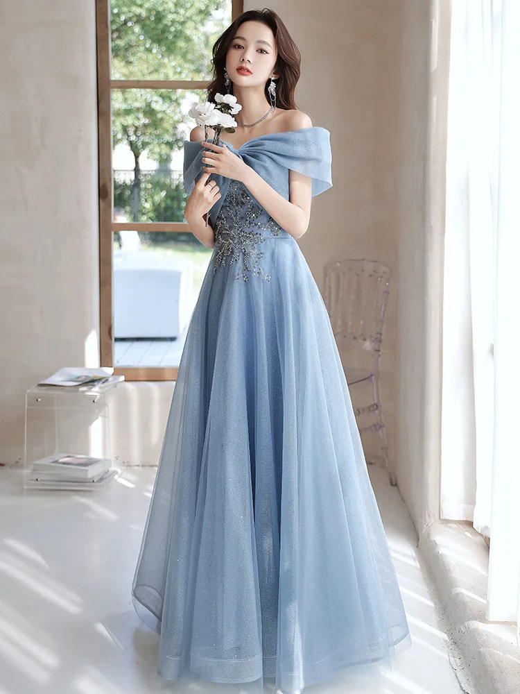 Retro Blue One Shoulder Evening Dress Bow Embroidered Glitter Adult Ceremony Dress French Dreamy Lithe Graceful Banquet Dresses