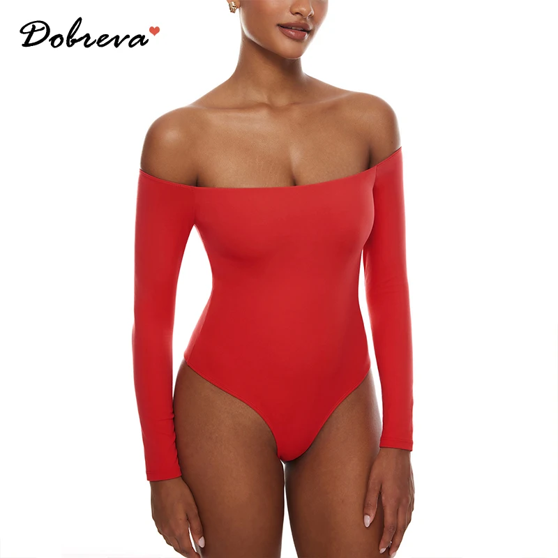 Women's Natrelax Off The Shoulder Bodysuit Long Sleeve Thong Sexy Bodycon Slim Fit Tops Leotard Red