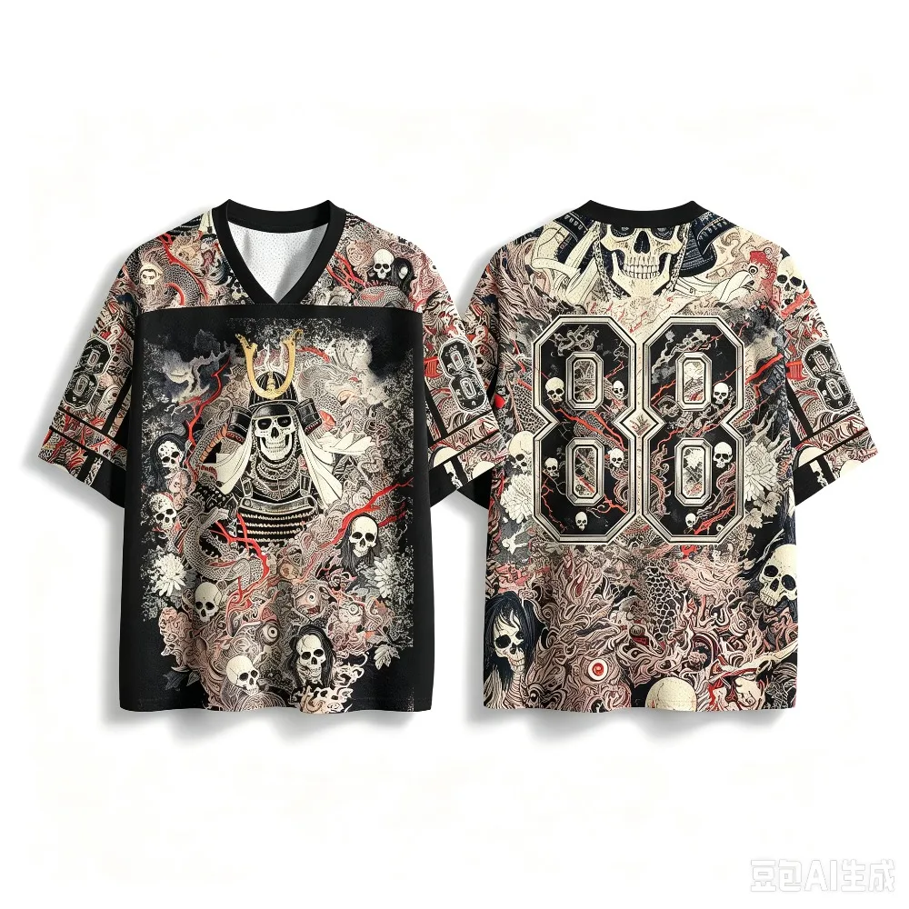 Retro Japanisches Ukiyo-e Samurai-Schädel-Drachen Schnelltrocknend Atmungsaktiv 3D-Druck Herren V-Ausschnitt T-Shirt Street Fashion Hip-Hop Y2K Eltern-Kind – Detail 2