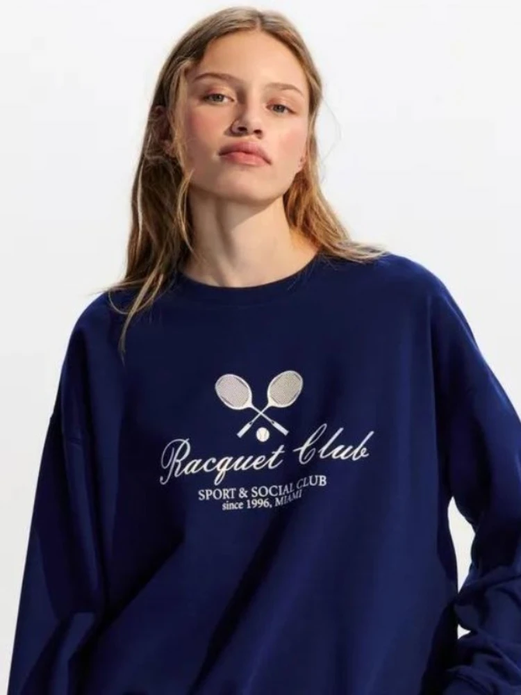 Sudaderas con estampado de insignia para mujer, Jersey holgado de gran tamaño a la moda francesa, camisas grises de manga larga para otoño, ropa de calle Y2K