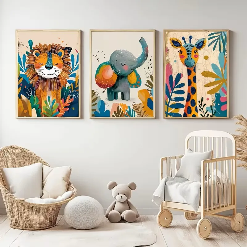 

3pcs Animal Canvas Wall Painting Set, Lion Elephant Giraffe Prints Indoor Jungle-themed Children's Room Nursery Home Decoration
