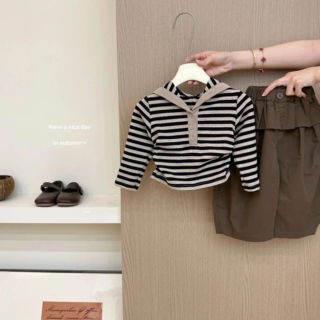 New Autumn Set for Baby Girls with Striped Long Sleeves Children's Fashion Brown Pants Korean Two-piece Set