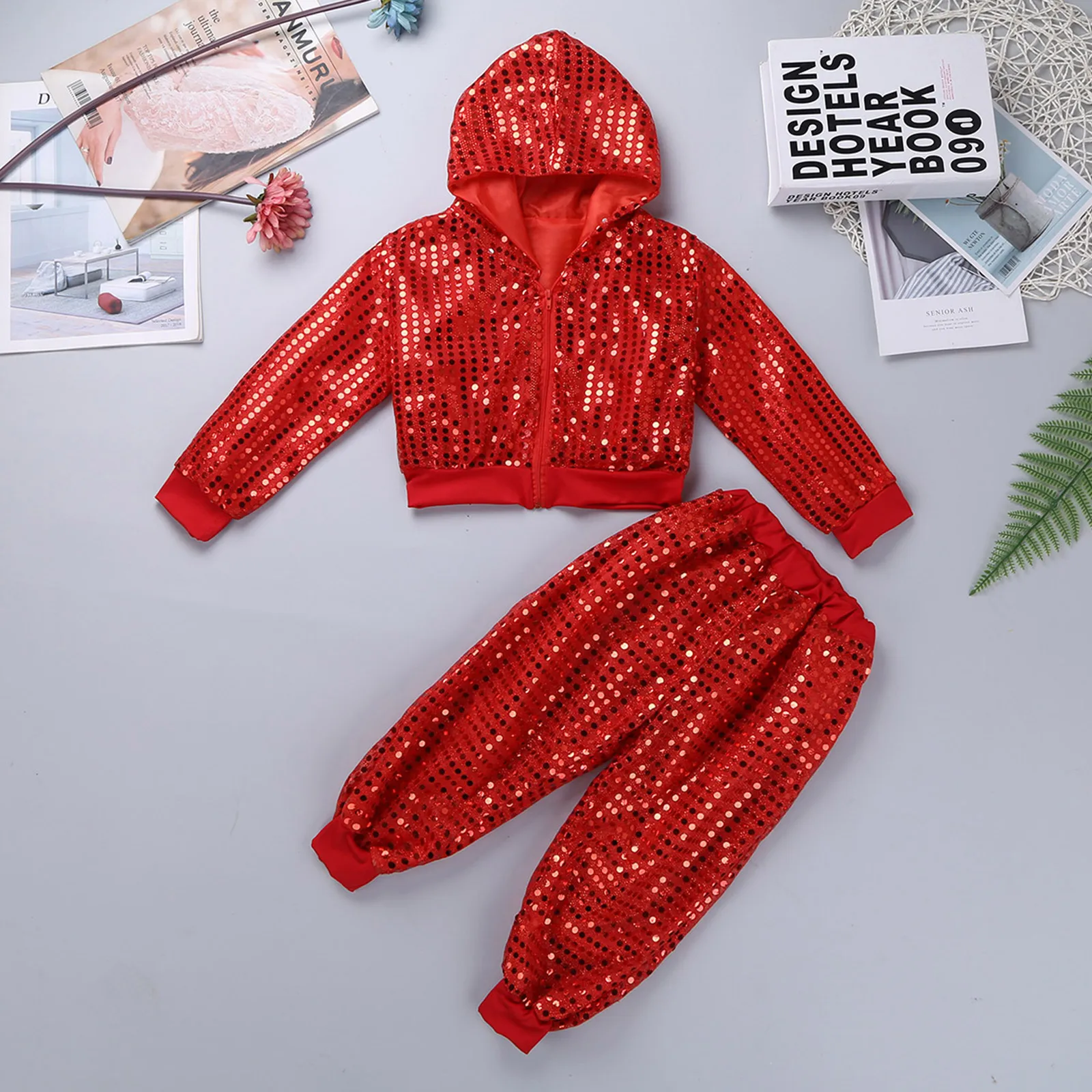 Unisex Kids Boys Girls Glittery Sequin Long Sleeve Hooded Tops with Pants And Fedora Hat for Jazz Dance Show Performance