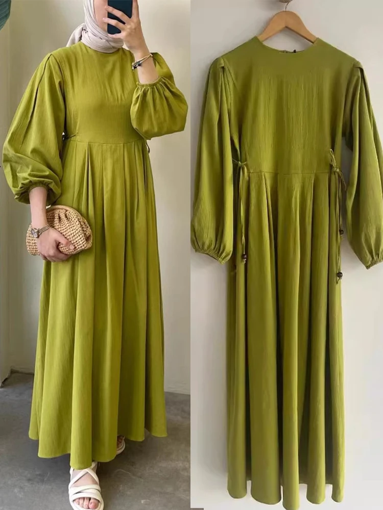 

Ид женское однотонное платье мусульманская Абая на шнуровке повязка Дубай Vestidos Largos длинные платья арабский халат вечерние кафтан Джалабия Рамадан