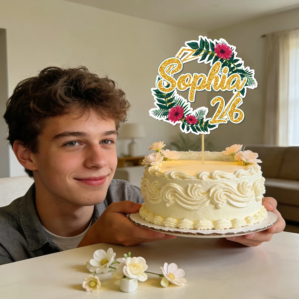 Personalisierter Blumen-Geburtstagstortenaufsatz mit individuellem Blumenmuster, Namen und Altersnummer, Kuchendekoration, Party-Kuchendekoration
