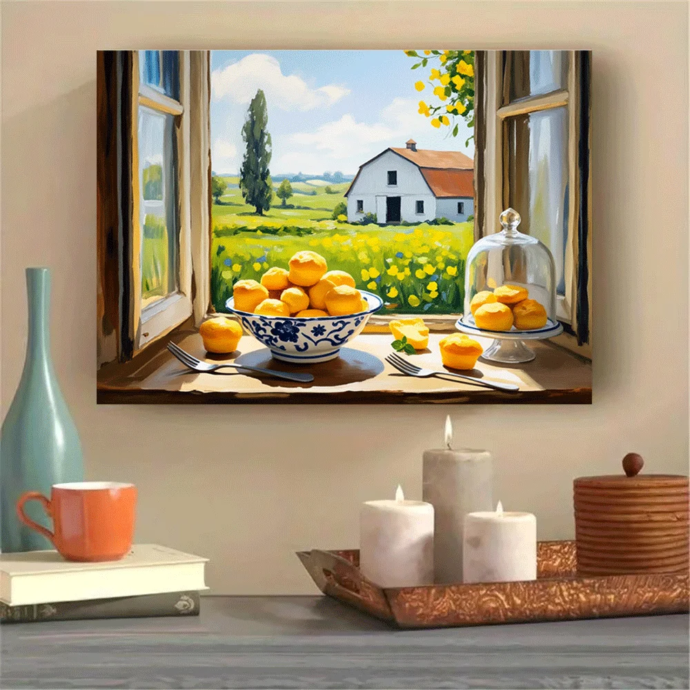 1PC-Unframed Canvas poster wall decoration  Farmhouse Window View With Yellow Flowers And Cupcakes On Windowsill