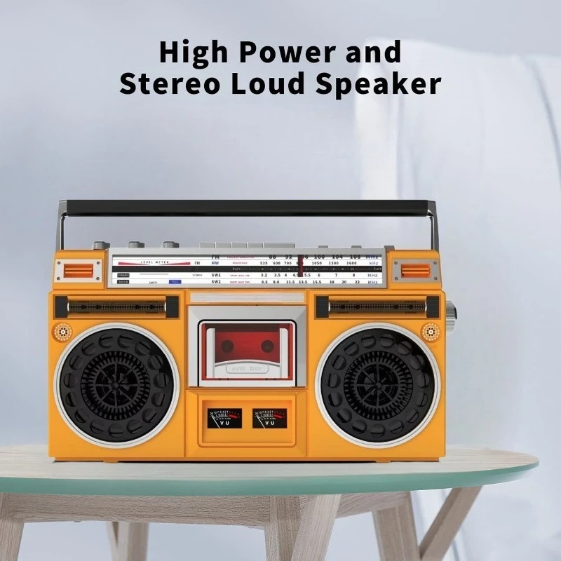 Retro Cassette Bluetooth Radio with Dual Stereo Speakers-USB Audio Input/Recording,Tape-to-USB Transcription,FM/AM
