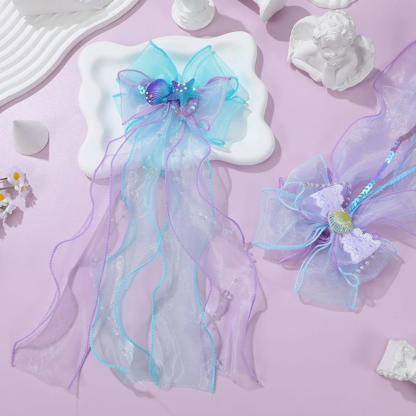 

2Pcs Mermaid Hair Clips Bowknot Hair Clips for Women Seashell Styling Claw Party Daily Use Mermaid Bow Shell Jaw Clip