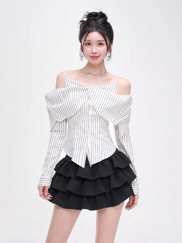 

Ladies First Hong Kong Style Striped Shirt One Shoulder Long Sleeve Women's Fashion Sensation Pure Desire Top Knot