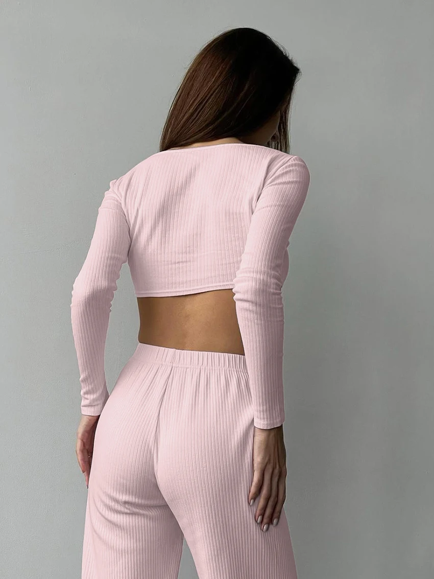 Marthaqiqi Home Clothes Women O-Neck Pajama Crop Top Nightwear Long Sleeve Sleepwear Pants Knitted Ladies Nightgowns 2 Piece Set