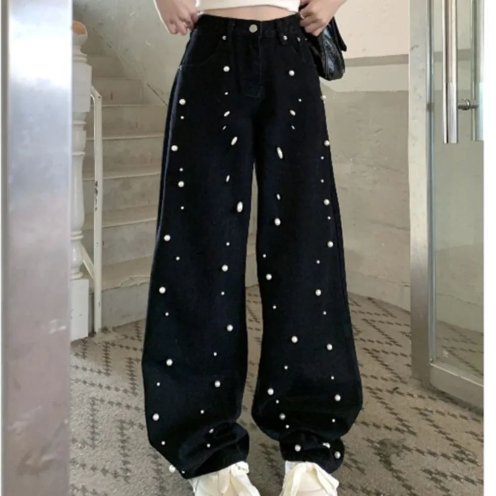 Jeans women's pearl high-waisted straight loose wide-legged trousers pantalones holgados  mujer