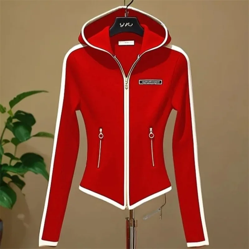 

2025 Explosions Sports Casual Red Zipper Hooded Sweater Coat Women's Spring And Autumn Super Nice Waist-Shrinking And Slim Top