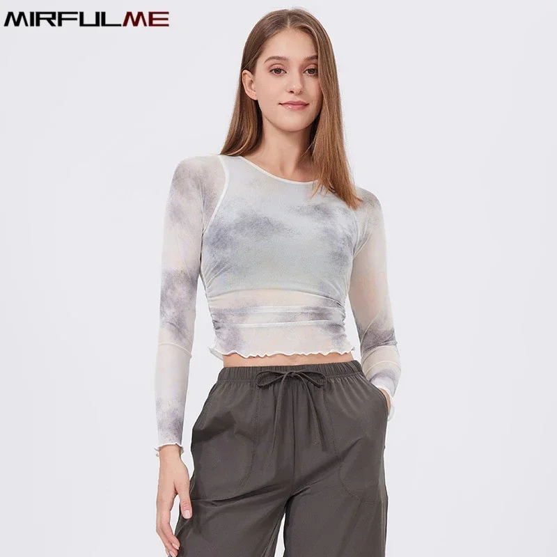 Women Yoga Sport Shirts With Pad Gradient Training Undershirt Mesh Long Sleeve Running Shirt Outdoor Gym Fitness Top Sweatshirts