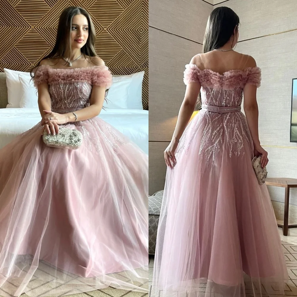 

Customized Modern Style Sparkle Tulle Beading Sequined Sash A-line Off-the-shoulder Long Dresses Bespoke Occasion Dresses Retro