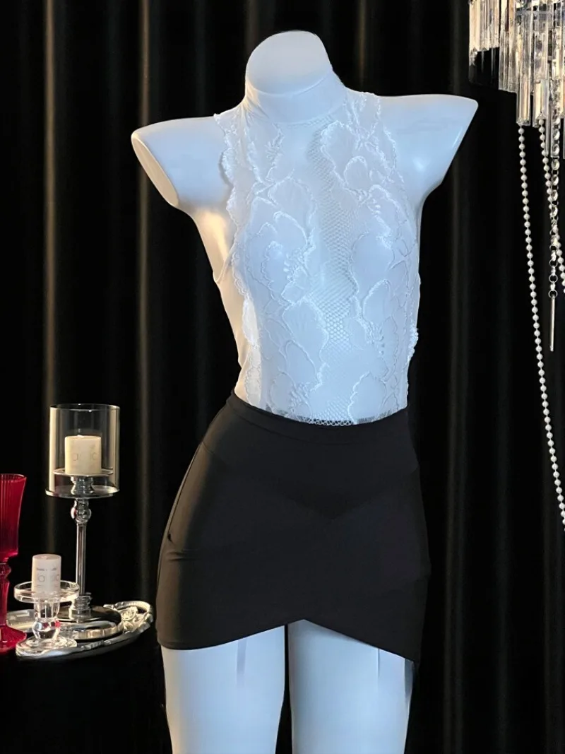 

Lace Halter See Through Bodycon Nightdress,Sexy Mature One-Piece Lingerie for Women,Deep V Backless Mini Dress