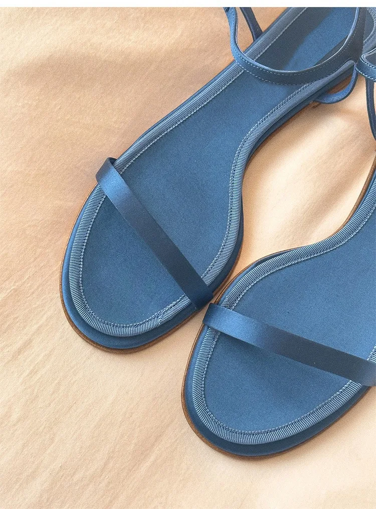 Female Sandal Comfort Shoes for Women Clear Heels Riband 2024 Summer Buckle Blue Open Toe Girls Flat Low Peep Real Strap Rome Sc