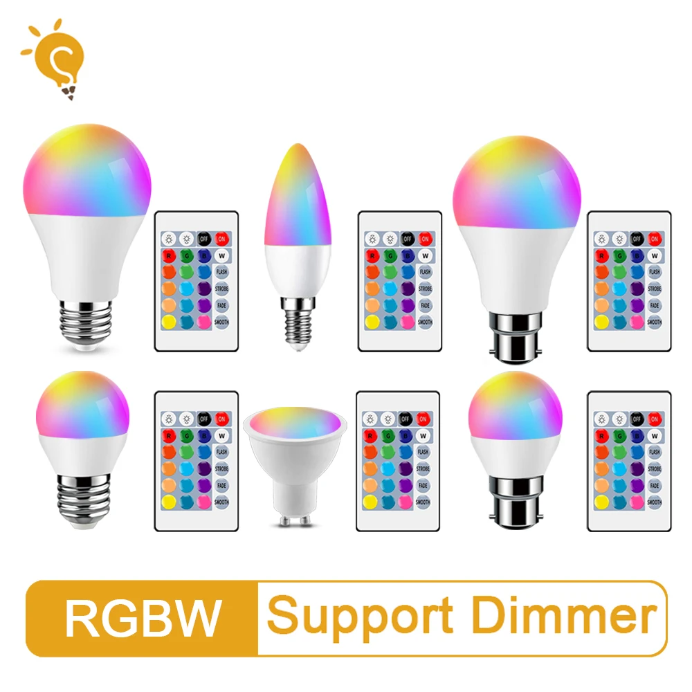 LED RGB Lamp Spotlight Bulb E27 E14 GU10 B22 AC 100-240V Bombillas LED 6W 10W IR Remote Control Led Smart RGBW Lamp Home Decor