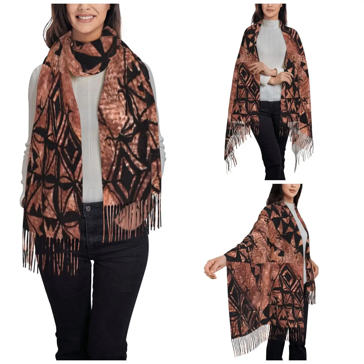 Womens Scarf with Tassel Polynesian Tongan Tapa Design Large Winter Fall Shawl Wrap Tribal Daily Wear Cashmere Scarf